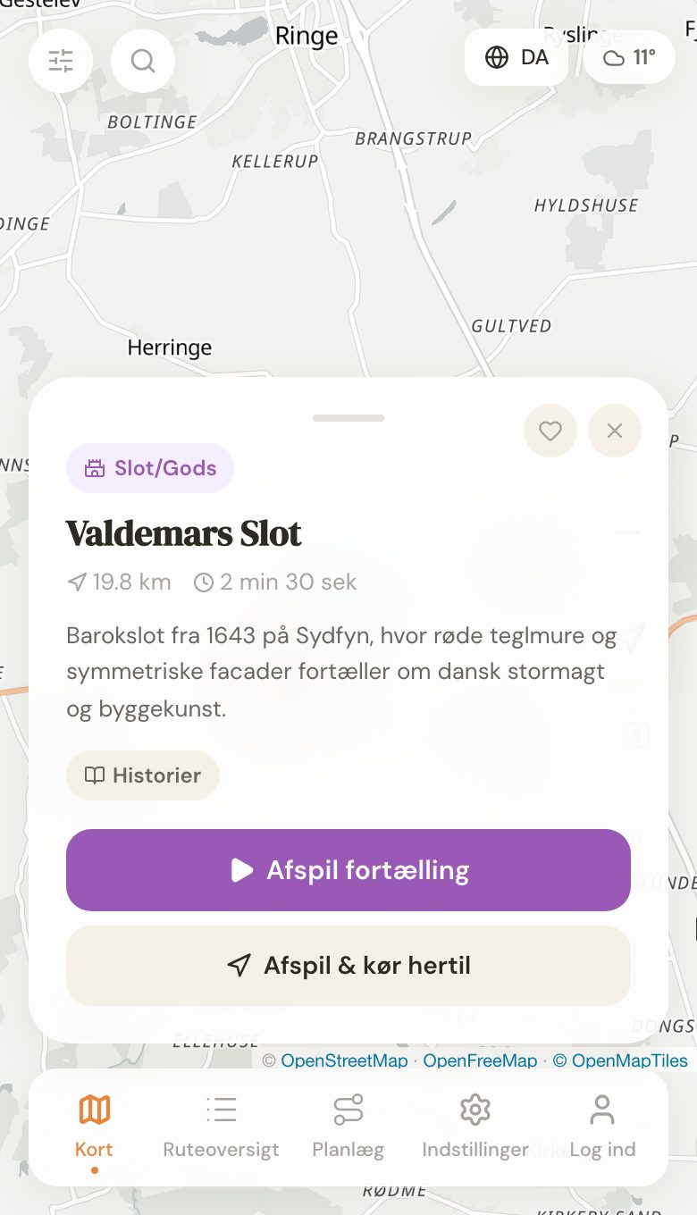 So sieht Roadfable aus: die Karte zeigt die Orte in deiner Umgebung, darunter die Geschichte über Schloss Valdemar.